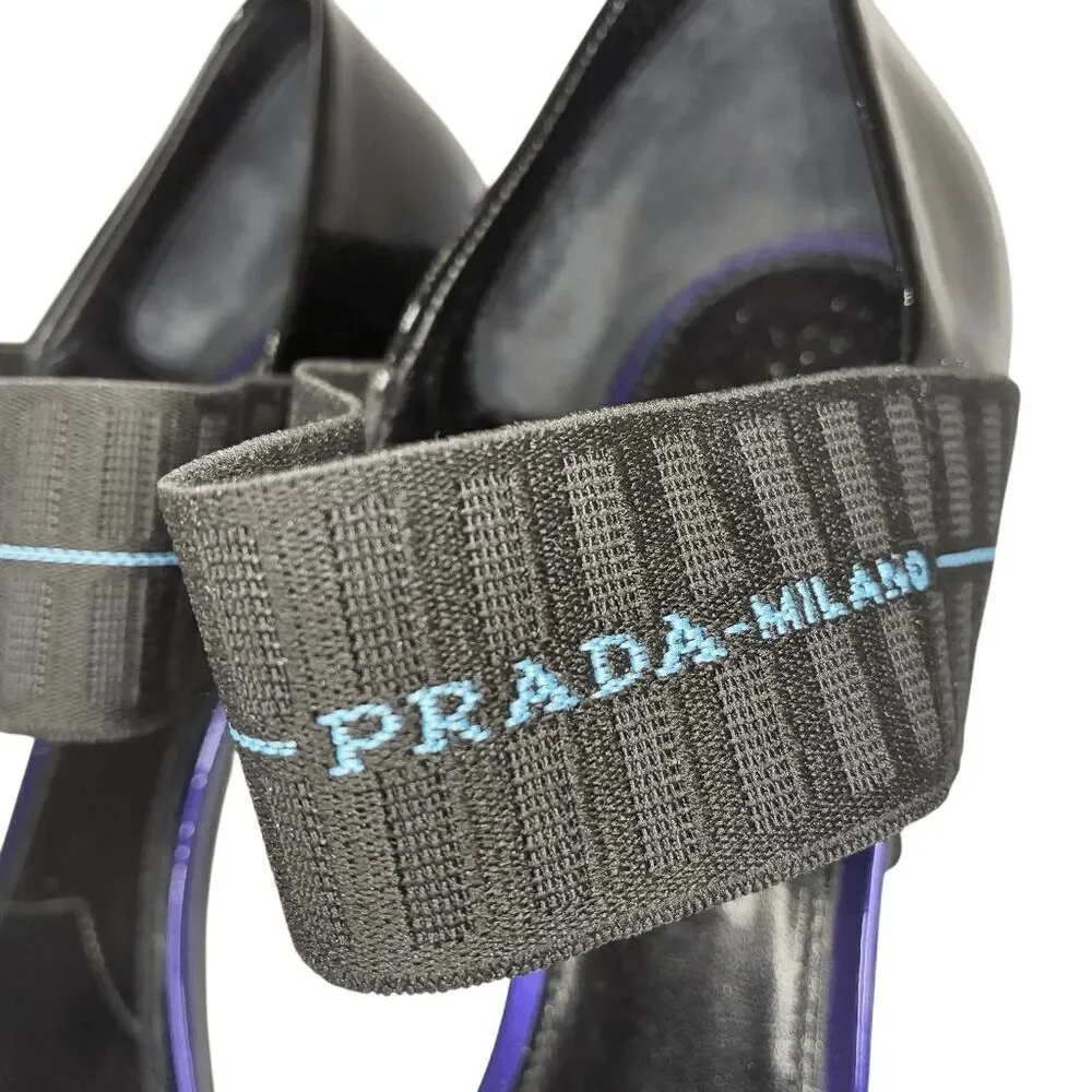 Prada Patent Leather Elastic Strap Sandals 93mm Heel Giacinto Size 39 Open Toe